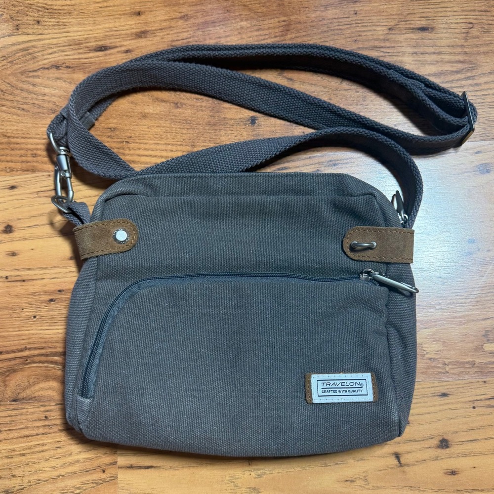Travelon Heritage Anti-Theft RFID Crossbody Bag Pewter Gray Canvas 33071-540